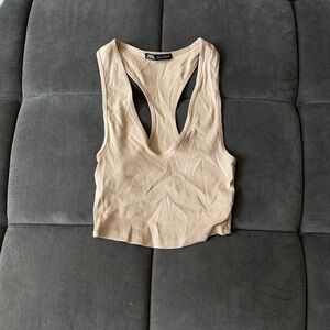 ZARA nude racerback plunge crop ribbed tank